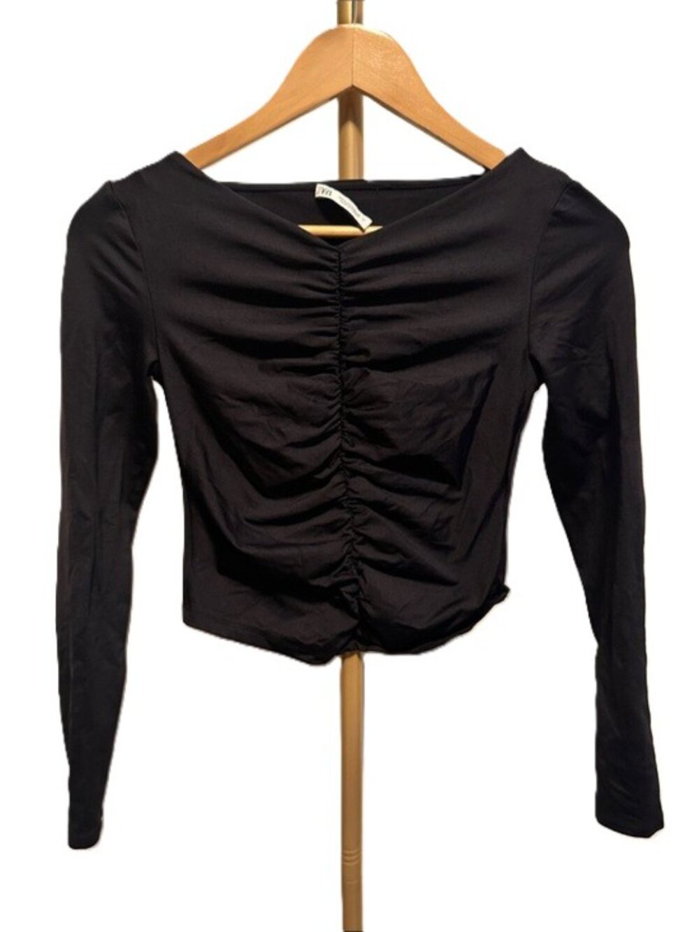 Zara Black Ruched Long Sleeve Top – Fitted Cropped XS/S